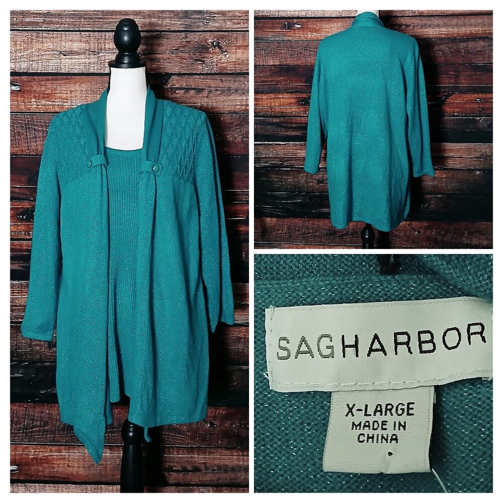 NWT Sag Harbor Sweater XL Teal Metallic 3/4 Sleeve Cardigan Style Built in Tank
